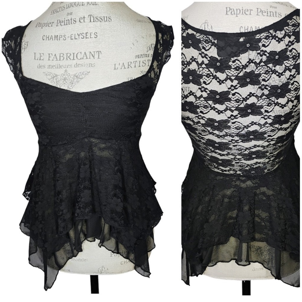 Gothic Lace Babydoll Top Women XS Black Sheer Asymmetric Whimsigoth Y2K Romantic